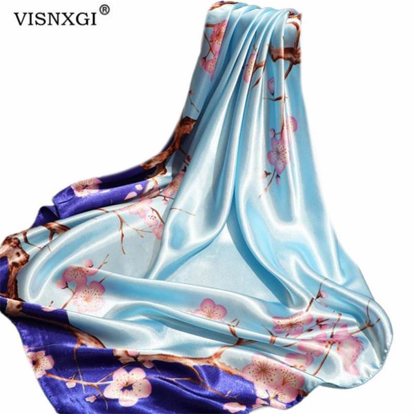 

scarves visnxgi print square silk scarf headband women hairband fashion bandanas shawl hair hijab girl lady spring autumn accessories, Blue;gray