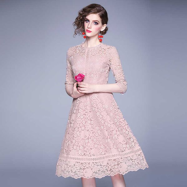 

summer runway women's lace gauze half sleeve voile splice floral patchwork female retro mesh dress vestido 210529, Black;gray