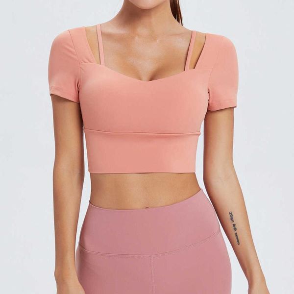 

yoga outfit sport women fitness jersey gym short sleeve crop off shoulder running workout t-shirt breathable chest pad