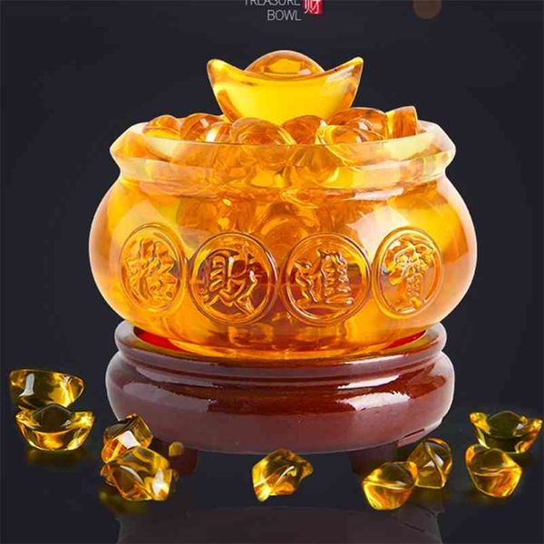 Glassa di cristallo giallo Glassa cinese Fengshui ricchezza Yuanbao Dragon Treasure Bowl Statue 210811