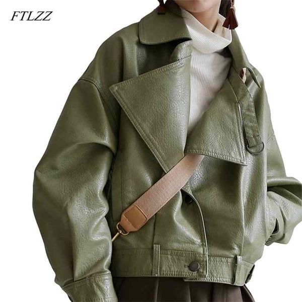 FTLZZ Mola Outono Verde Faux Couro Casacos Casuais Mulheres Curto Vintage Loose Pu Jackets Feminino Preto Vermelho Casacos de Couro Vermelho 210916