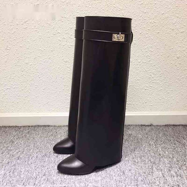 

brand design shark lock women boots slip-on knee high for woman motorcycle botas mujer genuine leather wedge shoes, Black