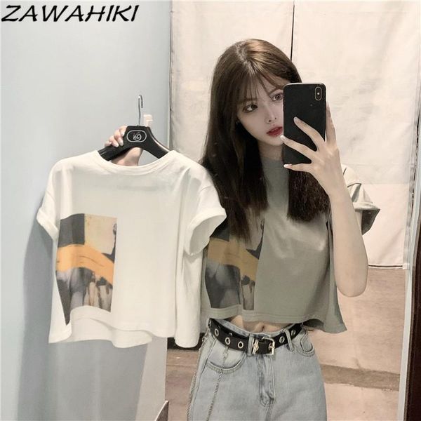 

women's t-shirt zawahiki korean fashion casual t-shirts summer 2021 o neck short sleeve loose print basic, White