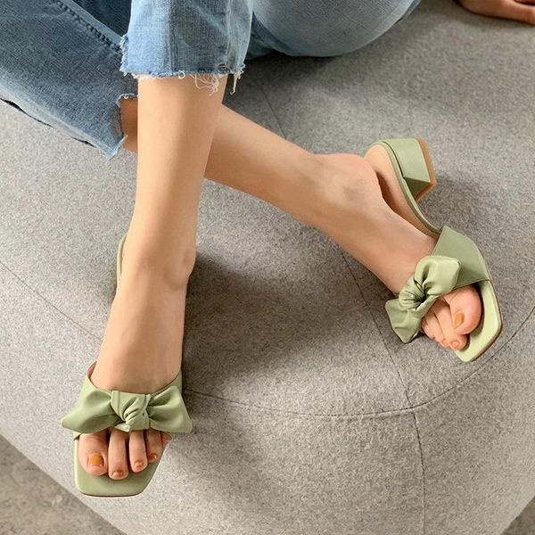 

2021 summer ladies muller slippers bow tie decoration leather thick heel high heels new wedding party shoes, Black