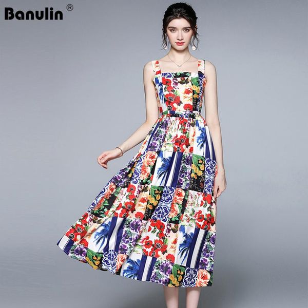 

banulin 2021 summer women's spaghetti strap beach dress square collar floral print backless holiday elegant party midi casual dresses, Black;gray