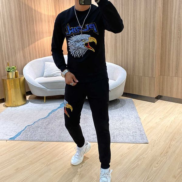 

w1798a2 autumn bodyguard suit korean personalized slim trend letter eagle drill round neck long sleeve versatile top, Gray