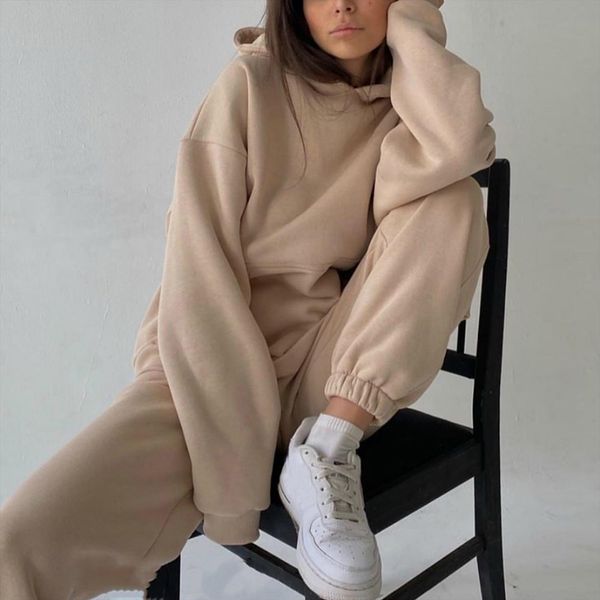 

autumn winter streetwear sweater 2 womenpant piece sets hooded sweatshirt two set tracksuit fleece outfits sweatpants, White
