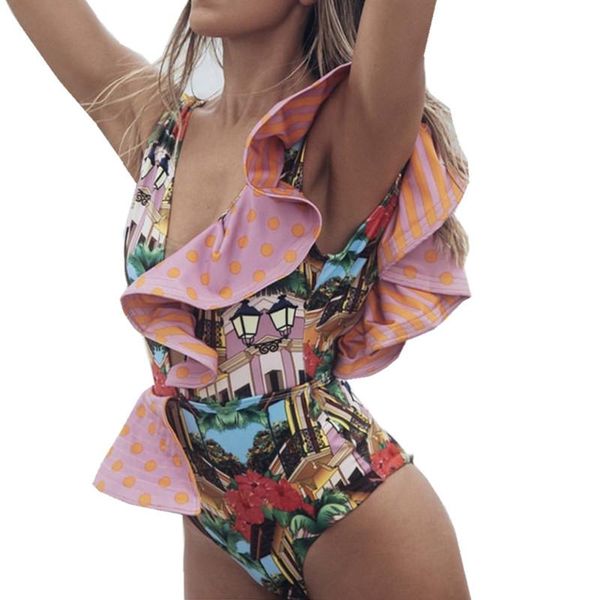 

floral print swimsuit women's beach fashion swimwear women suit bath one piece female monokin one-piece suits