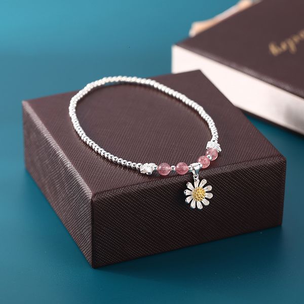 

s925 sterling silver daisy strawberry crystal foot chain women's day korean simple handmade pearl bracelet student jewelqxjffvnx, Red;blue