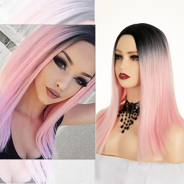 

synthetic wigs ombre pink straight short length cosplay costume for women middle part wig dark roots hair natrual looking, Black