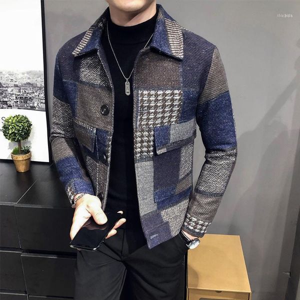 

men woolen coat autumn stylish thick warm suit jacket with plaid stitching mens tweed prom blazers for1, Black