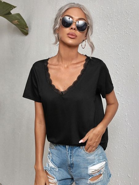 

lace trimed v neck tee m2ze#, White