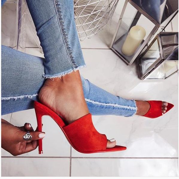 

slippers women's heels shoes high heel women pumps big large size pointed toe ladies female slides fashion lady woman 4548, Black