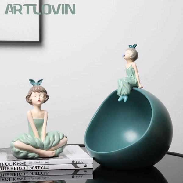 ARTLOVIN Modern Bowknot Girl Figurine Figure di personaggi nordici Palla rotonda Scatola di immagazzinaggio Bubble Gum Girls Scultura Colore verde 210804