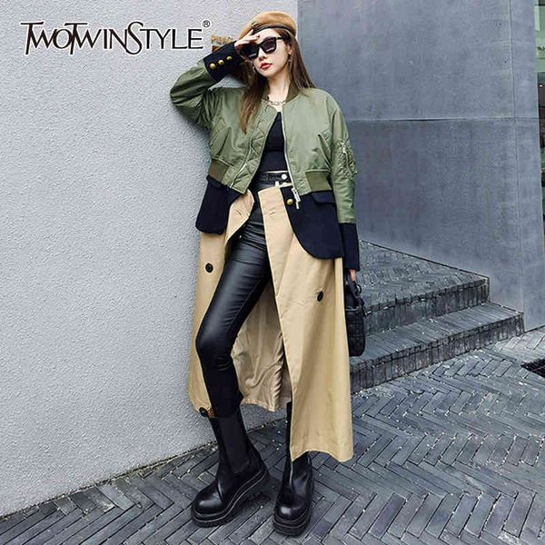 

twotwinstyle hit color casual windbreaker for women turtleneck long sleeve patchwork trench coat fashion clothing style 210517, Tan;black