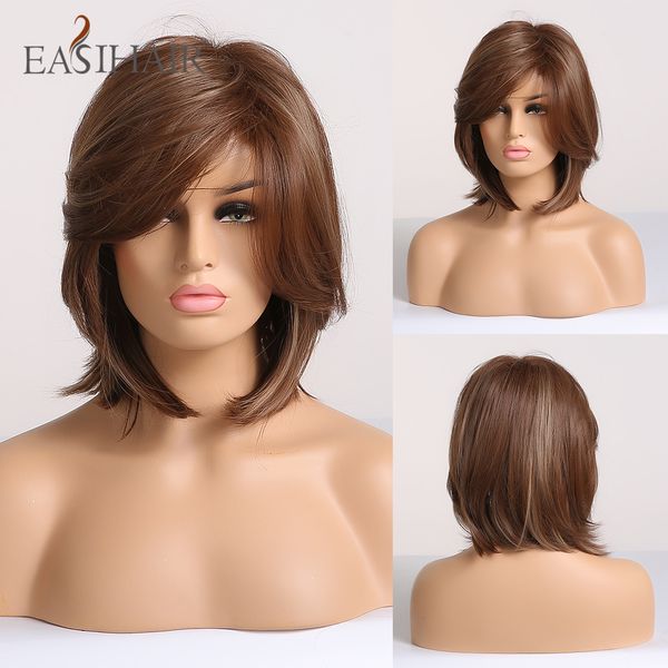 

short brown synthetic wigs for women men bob wigs cosplay daily layered natural hair heat resistant full wigs, Black