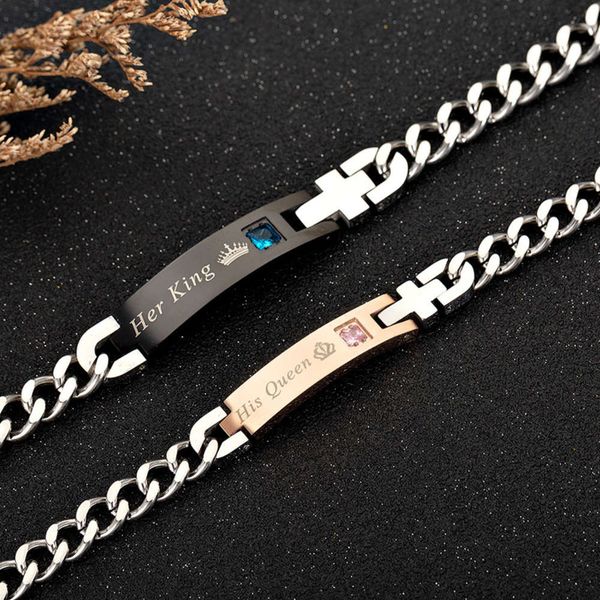

jewelry titanium steel zircon lovers king queen crown bracelet, Black