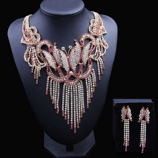 Neueste Schmetterling Dubai Gold Schmuck Sets für Frauen 2018 Strass Afrikanischen Schmuck Set Ohrringe Und Halskette Nigerianischen Hochzeit H1022