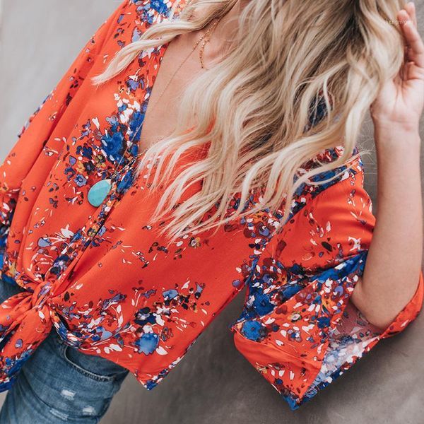 

women's blouses & shirts summer women chiffon v-neck blouse 3/4 sleeve floral print lace-up casual fashion elegant loose 6q1893, White