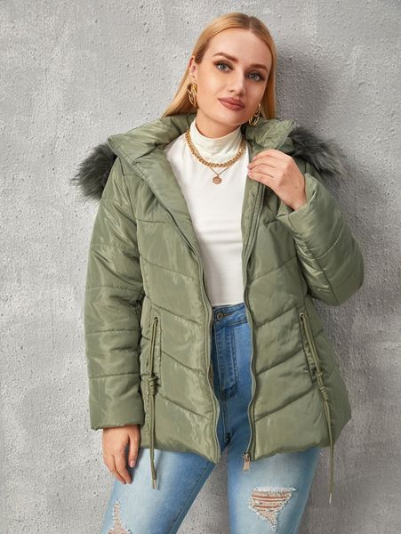 

plus fuzzy trim hooded puffer coat 07pd#, Black