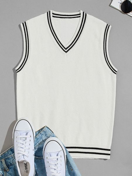 

men striped trim v-neck sweater vest 19az#, White;black
