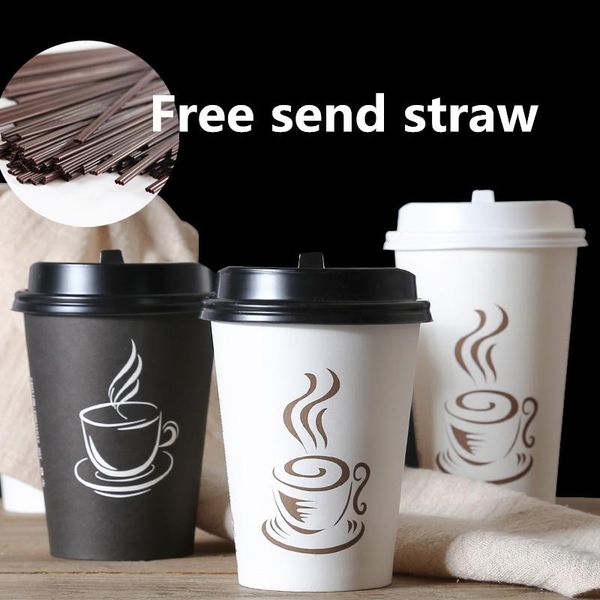 

disposable cups & straws 50pcs thick coffee cup 250ml 400ml 500ml white black paper party birthday wedding with lid