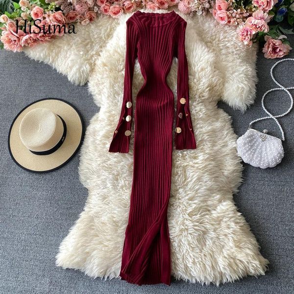 

casual dresses hisuma 2021 autumn winter women o-neck long sleeve buttons knitted split fairy dress female elegant sweater sheath, Black;gray