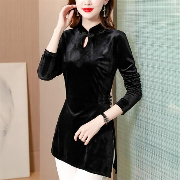 

women's blouses & shirts chinese style vintage velvet blouse ladies fashion elegant irregular long shirt blusas mujer de moda 2021, White