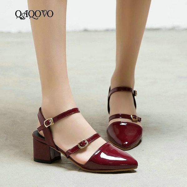 

women summer shoes fashion pointed toe sandals suqare low heels ladies adjustable buckle casual black wine red