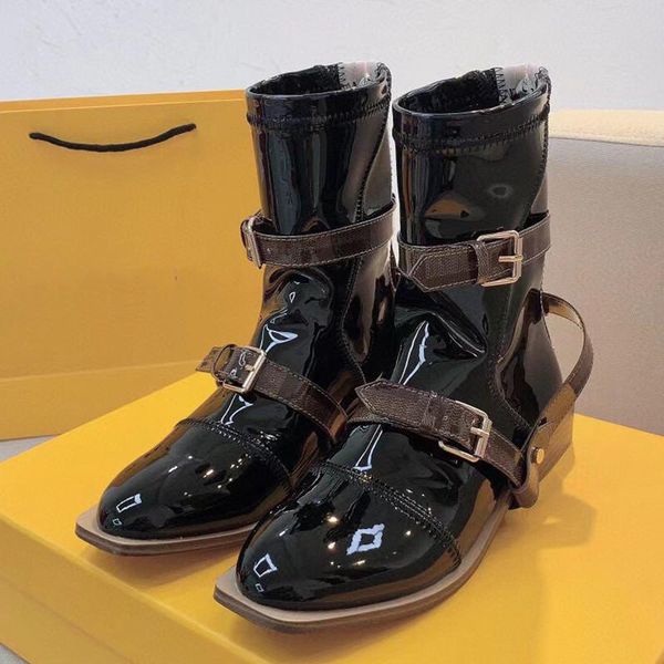 

boots autumn winter patent leather belt buckle designer women's motorcycle casual brand square toe zipper female rider, Black