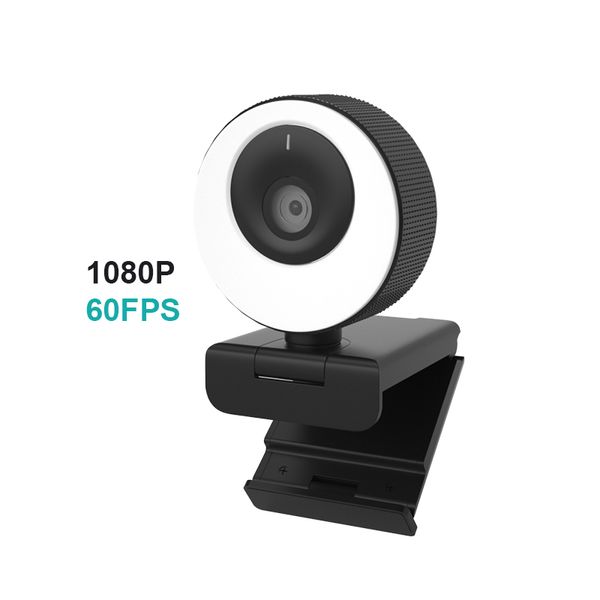 60FPS cam HD 1080P Computer Microfono Ring Light Autofocus PC Laptop Video Mini videocamera Web Cam con coperchio