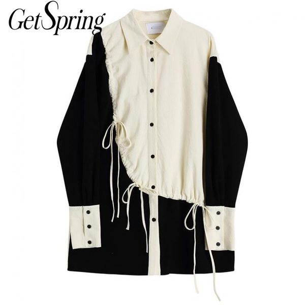

getspring women blouse bandage patchwork irregular women's long sleeve asymmetry loose female shirt 210601, Black;gray