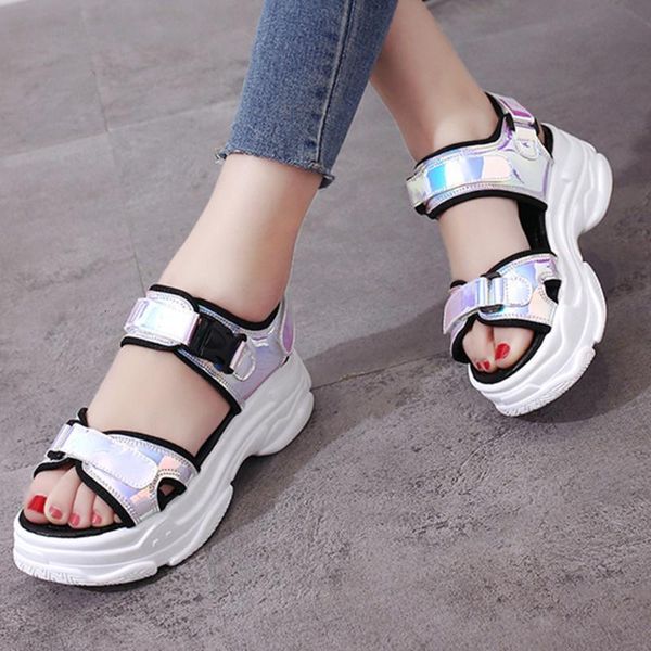 

sandals women sport open toe wedge hollow outdoor cool platform shoes bright leather comfy charm beach #s odxt, Black