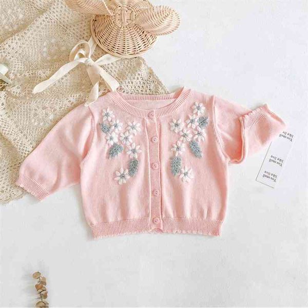 Chegada de outono meninas de manga comprida casaco de malha Kids Cardigans Bebê Bordado Floral Sweater 210528