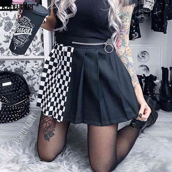 Rap Fwriter gótico retalhos tabuleiro tabuleiro plissado saia mulheres skater preto micro manta de cintura alta saias curtas faldas 210415