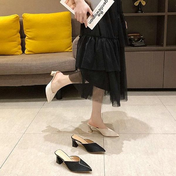 

dress shoes slippers women's summer wear 2021 french style pointed toe muller sandals high-heeled female's fashion, Black