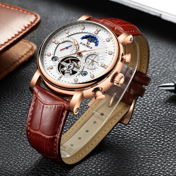 

wristwatches kinyued brand classic mens retro watches automatic mechanical watch tourbillon clock genuine leather waterproof military, Slivery;brown