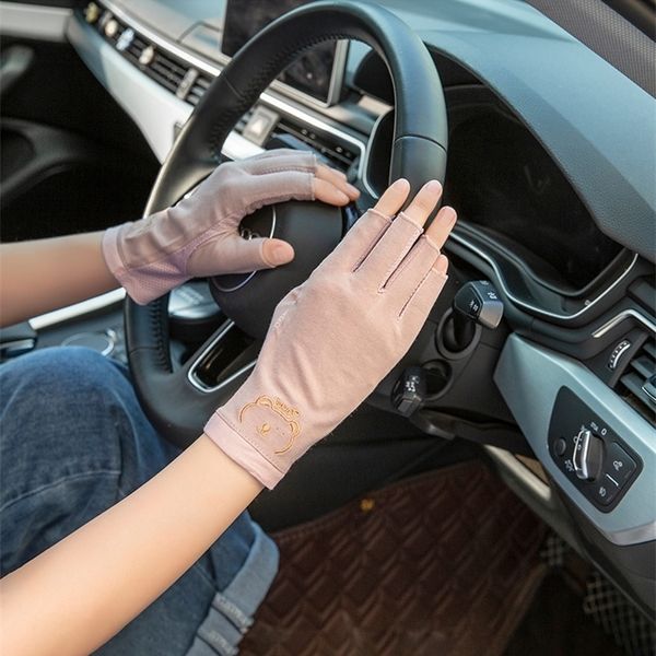 

spring and summer sunscreen half finger gloves women's cotton driving outdoor riding anti-skid dew finger half cute thin style, Black