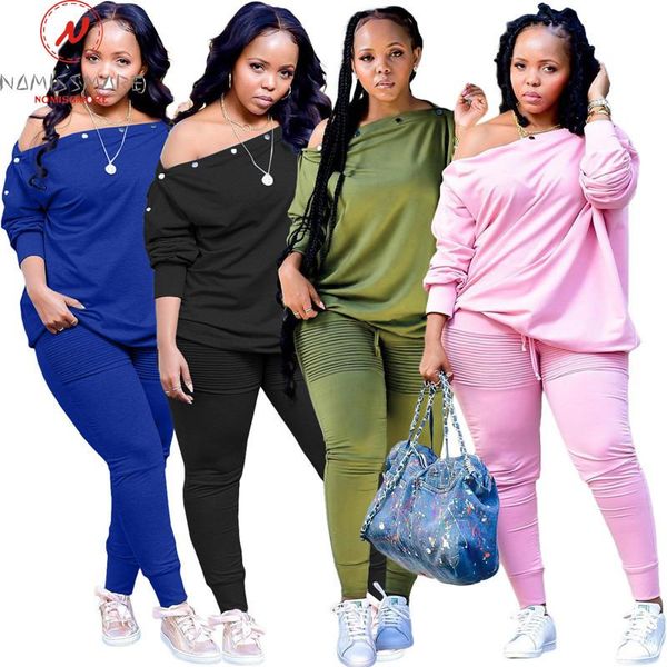 

women's two piece pants women solid color casual loose 2 set drawstring design button decor skew collar long sleeve mid waist pencil, White