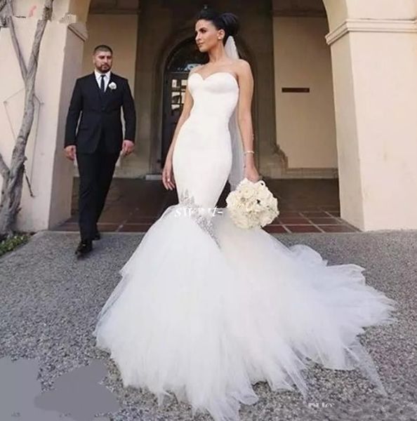 

sweetheart white simple wedding dresses mermaid strapless sash ruffles tulle bridal dress custom made vintage vestidos de novia