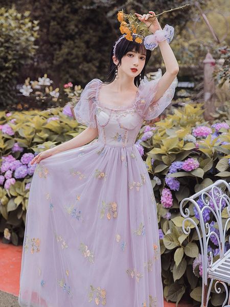 

party dresses summer mesh princess dress for slim lady vintage light purple embroidery floral butterfly puff sleeve romantic fairy, White;black