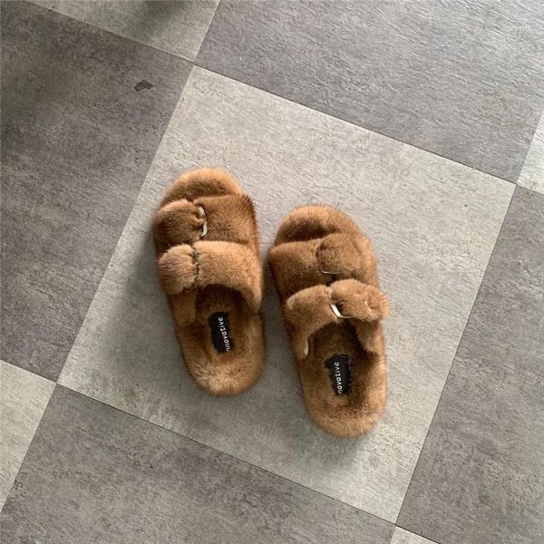 

slippers liquidation mode pantoufles de fourrue vison haute qualite dames a talon plat11, Black