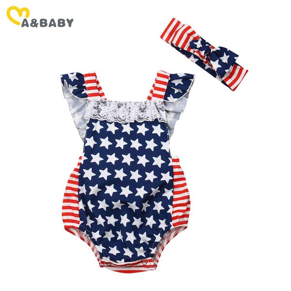

0-24m independence day baby girls rompers born infant girl star print sleeveless overalls jumpsuit summer clothing 210515, Blue