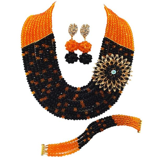 

earrings & necklace fashion orange black african wedding beads nigerian jewelry set crystal beaded multistrands 10c-sz015, Silver
