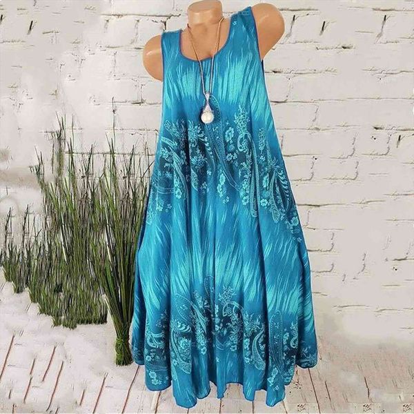 

fashion summer round neck womens dresses casual large size sleeveless oversize printed pleated loose midi, Black;gray
