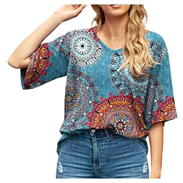 

women's t-shirt women t shirt boho graphic printed flared sleeves v-neck loose harajuku plus size summer casual short ropa mujer, White