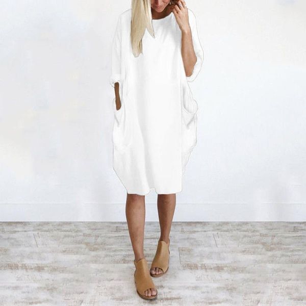 

casual dresses women solid color o neck dress long sleeve pockets knee-length baggy vestidos streetwear woman plus size, Black;gray