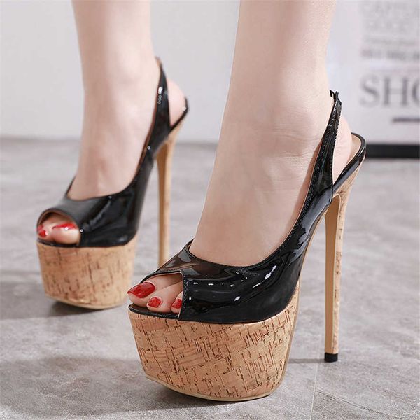 

new design cork platform women pumps patent leather back strap super high heel 16cm peep toe sandals lady party shoes dress y0721, Black