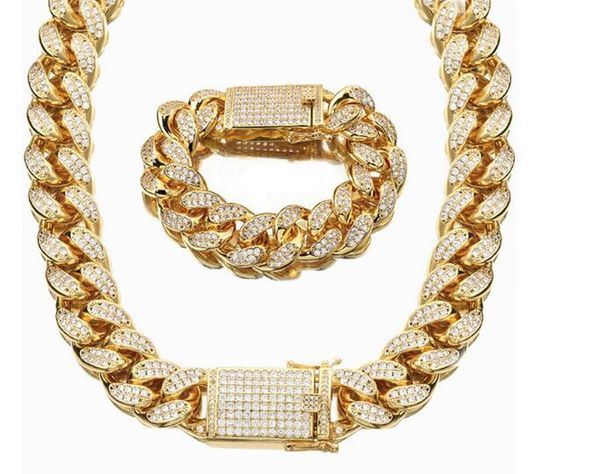 Set di bracciali da uomo con collana in rame placcato oro 18 carati con corpo di diamanti a catena cubana con strass completo da 18 mm