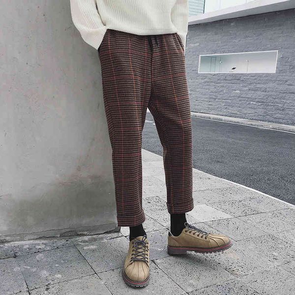

men's pants fashion- spring new korean version of the youth fashion trendy houndstooth wool woolen material nine loose small liter, Black